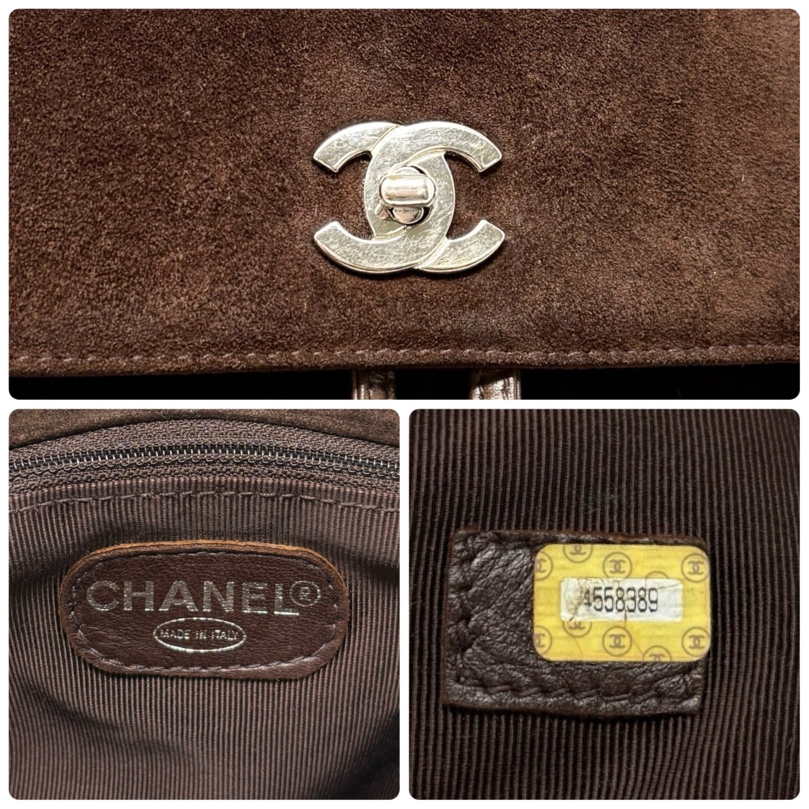 CHANEL Vintage CC Mark Logo Turn Lock Backpack Stitch Brown Silver Suede
