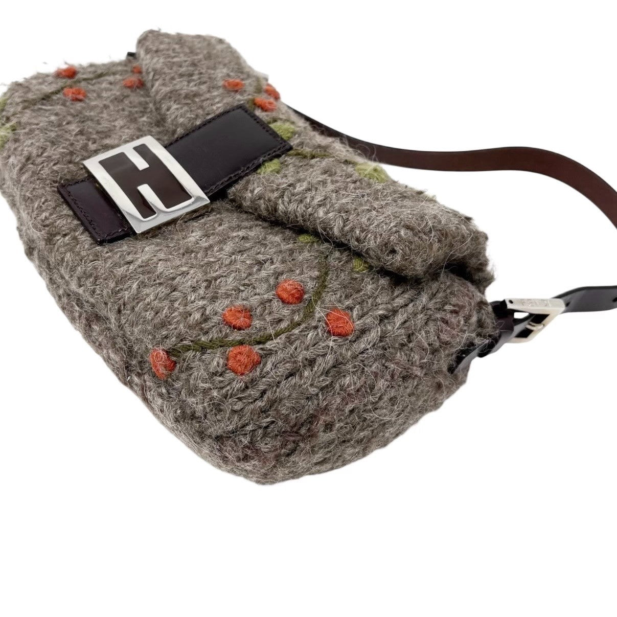 FENDI Vintage FF Mamma Baguette Wool Knit Shoulder Bag Gray Brown Flower