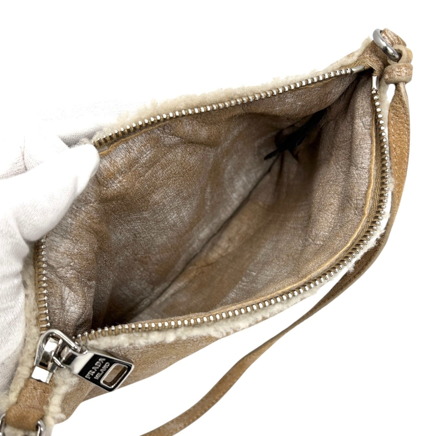 PRADA Vintage Logo Shearling Leather Mini Bag Pochete Pouch Beige White Suede