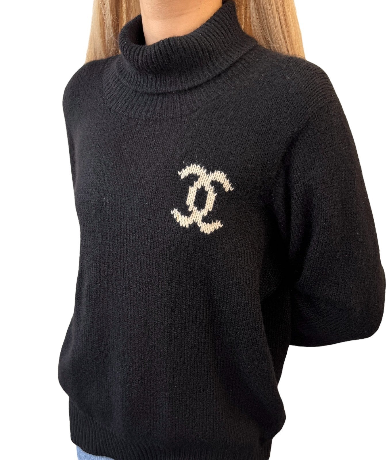 CHANEL Vintage Big CC Logo Knit Sweater Turtleneck Top Black White Cashmere