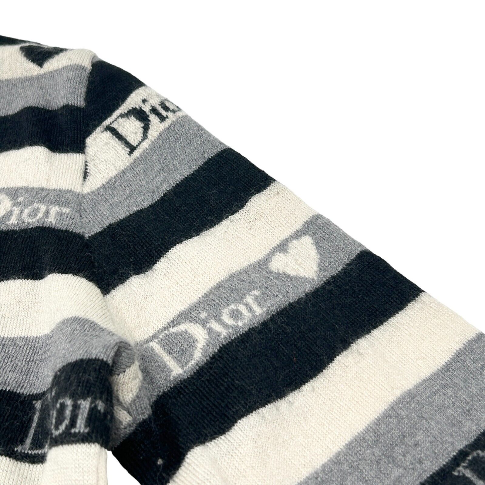 Christian Dior Vintage Logo Knit Top #42 Gray Black Heart Wool Stripe Rank B