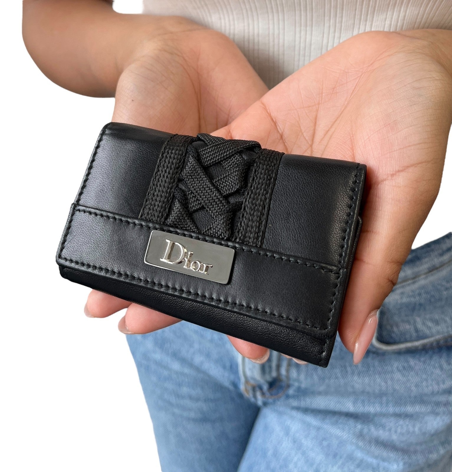 Christian Dior Vintage 2002 Logo Admit It Key Card Case Black Silver Leather