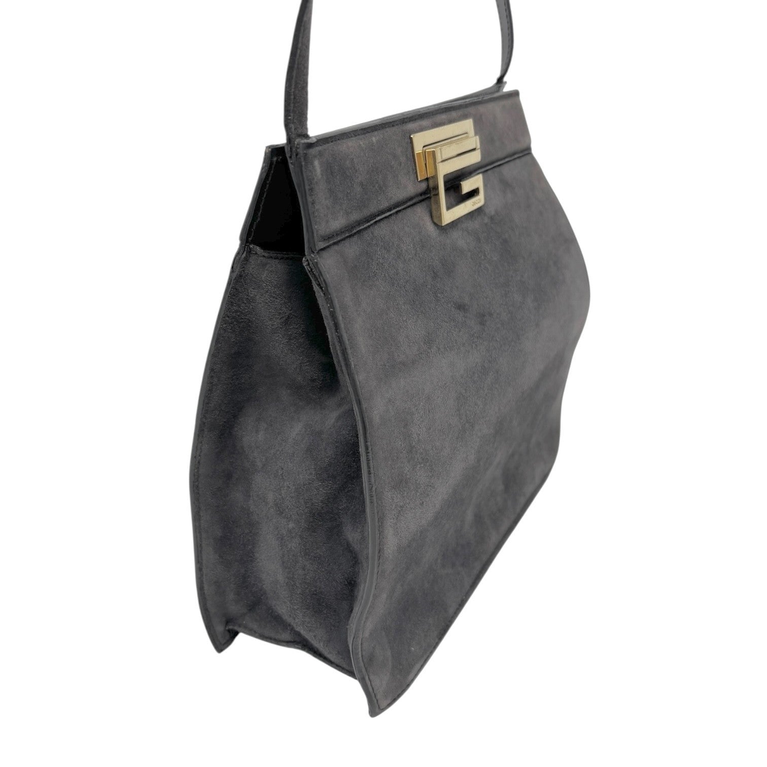 GUCCI Vintage G Square Logo Shoulder Bag Gray Gold Suede Leather