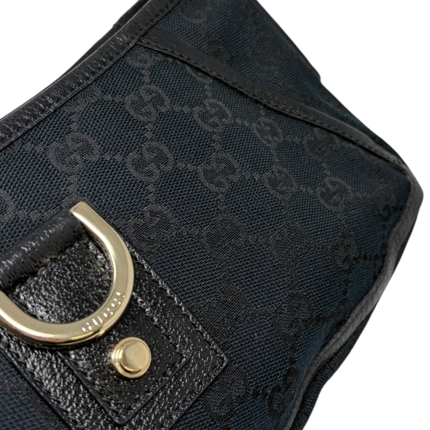 GUCCI Vintage GG Monogram Logo Abbey Shoulder Bag Zip Black Gold Canvas Leather