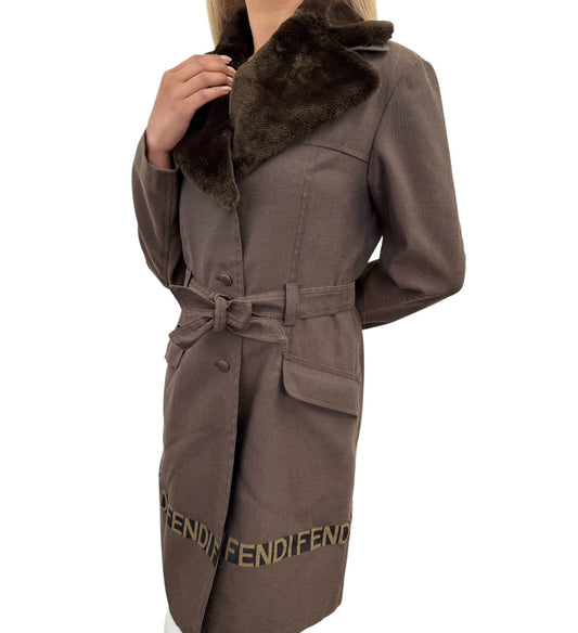 FENDI Vintage FF Logo Fur Belted Long Trench Coat Jacket #38 Brown Black
