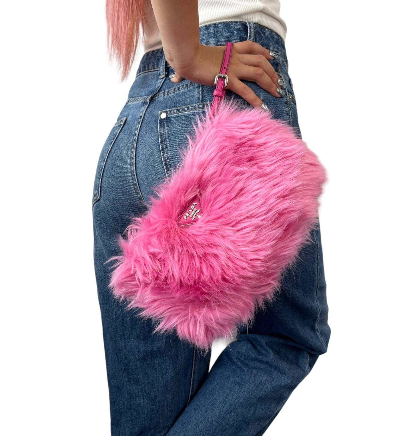 PRADA Vintage Logo Clutch Bag Wristlet Pouch Pink Silver Faux Fur Zip RankAB+