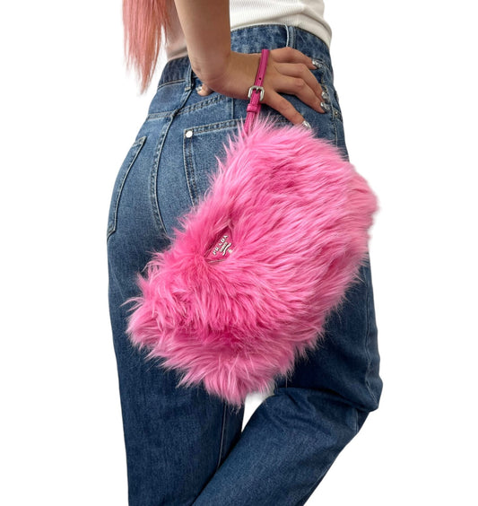 PRADA Vintage Logo Clutch Bag Wristlet Pouch Pink Silver Faux Fur Zip RankAB+