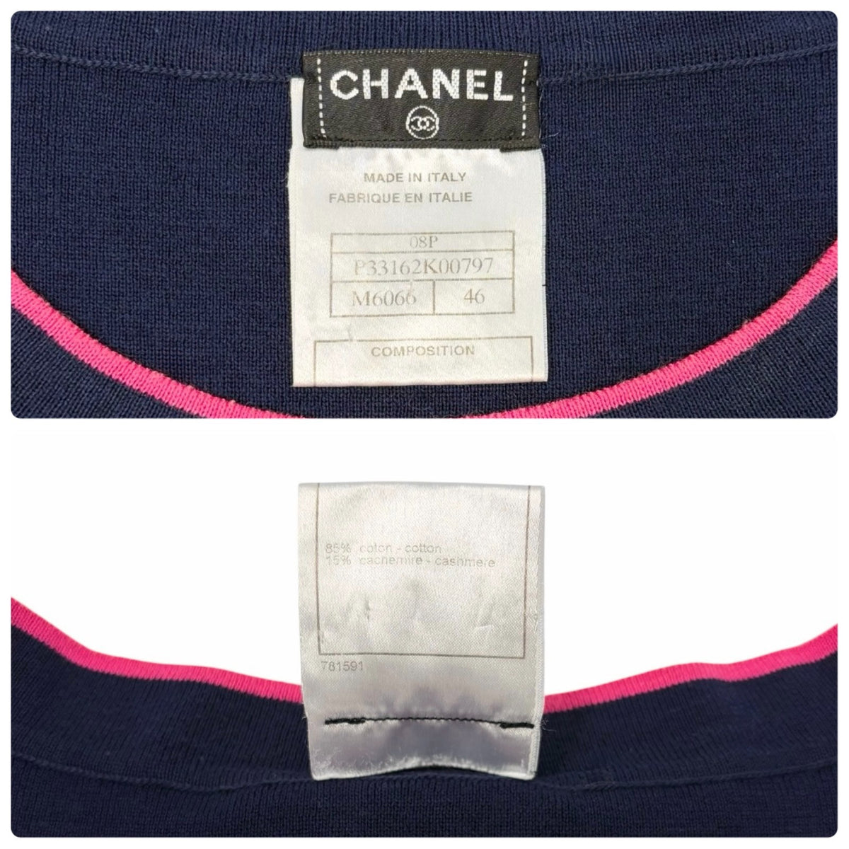 CHANEL Vintage 08P CC Logo Cashmere Knit Top #46 Dark Blue Pink Gray 902453