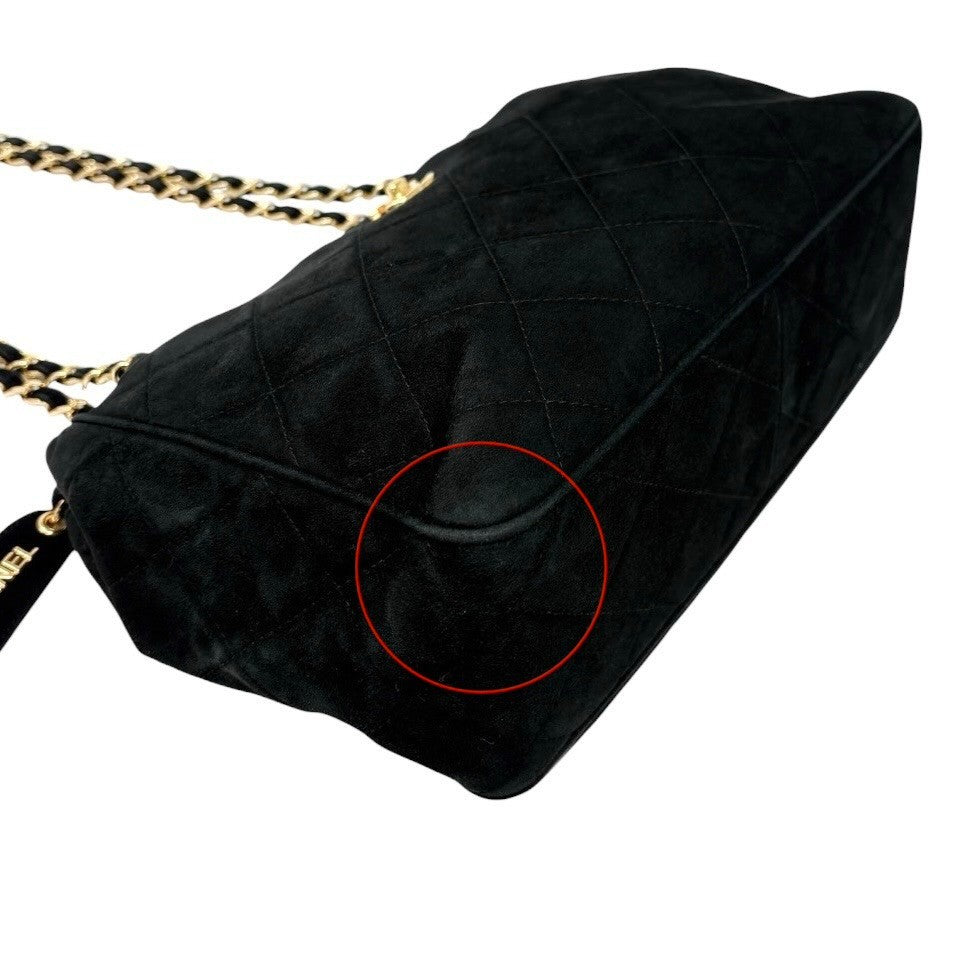 CHANEL Vintage CC Logo Quilted Chain Shoulder Bag Black Gold Suede 901890
