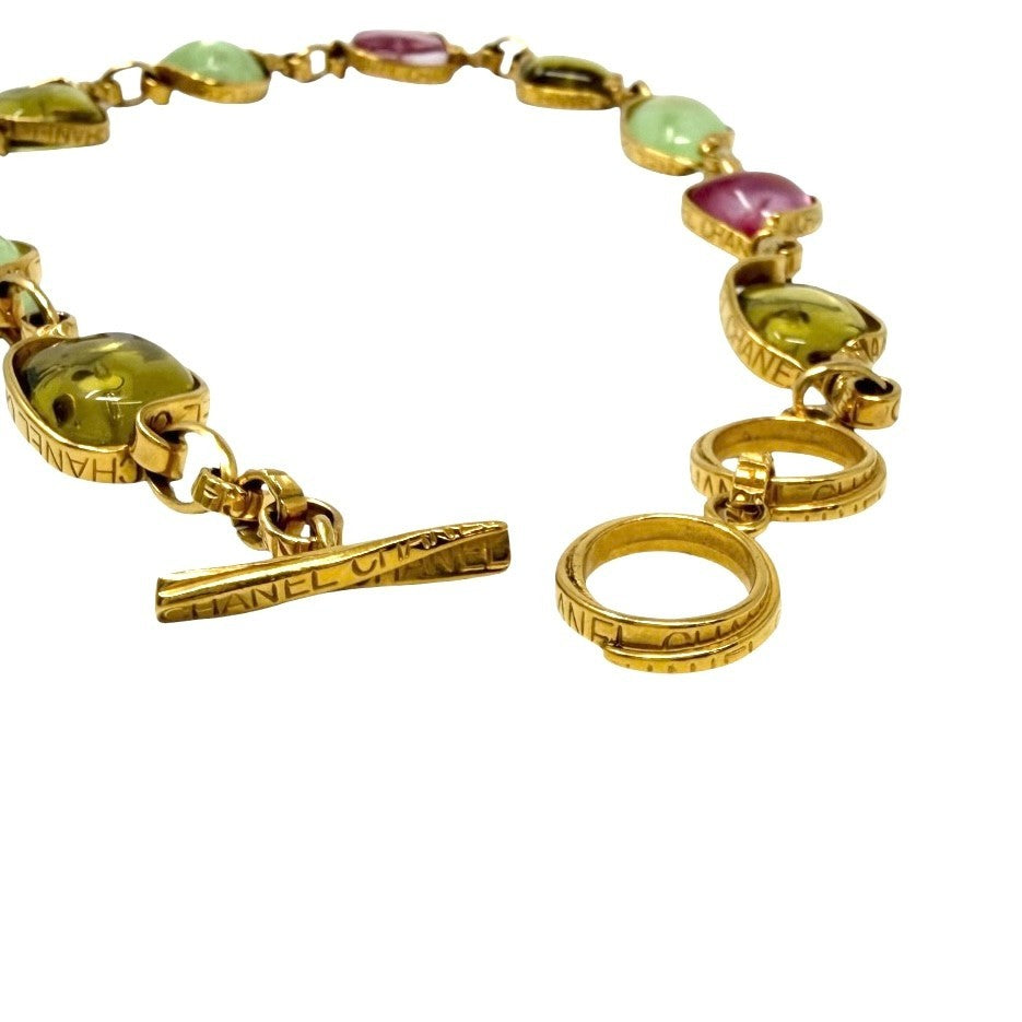CHANEL Vintage 96P CC Logo Multicolor Glass Cabochon Necklace Gold 902238