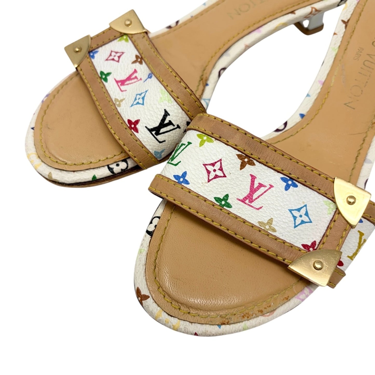 LOUIS VUITTON Vintage Monogram Multicolor Sandals Heels #36 White Beige