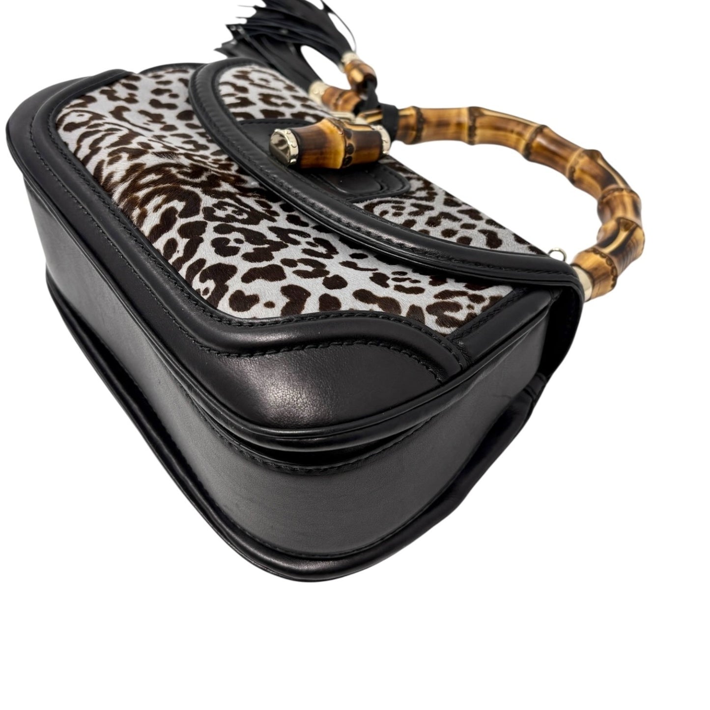 GUCCI Vintage Bamboo Leopard 2way Handbag Crossbody Bag Pony Calf Hair Gray
