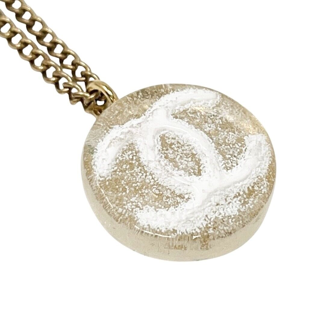 CHANEL Vintage 03A CC Mark Logo Pendant Necklace Fashion Accessory Gold White