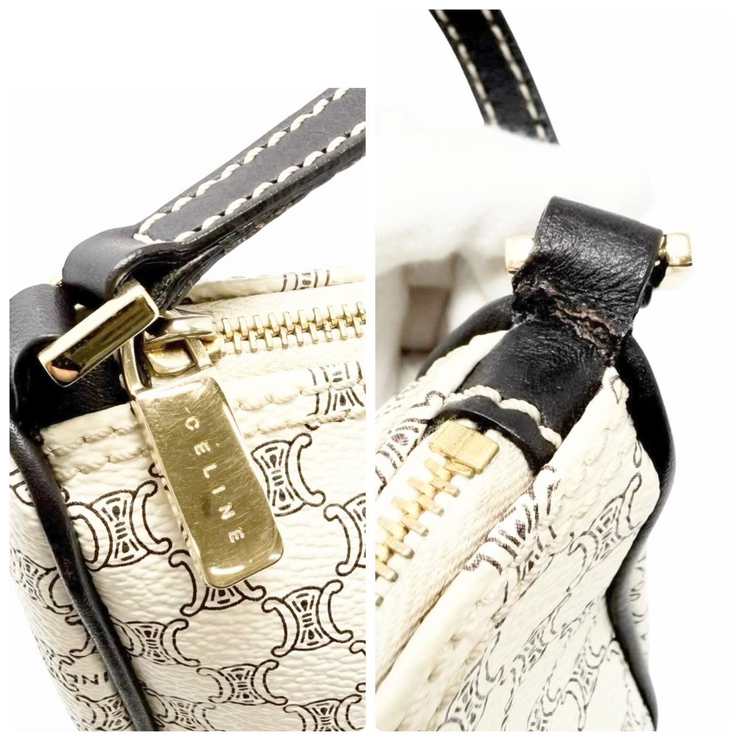 CELINE Vintage Macadam Monogram Shoulder Bag Pochette White Brown PVC 902075