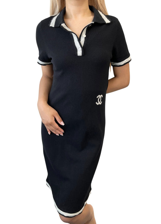 CHANEL Vintage 04A CC Logo Knit Dress One-piece #34 Black Gray Cashmere Button