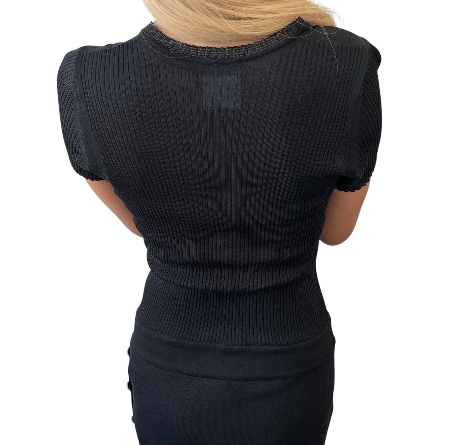 CHANEL Vintage P37829 CC Button Rib Knit Dress One-piece Black #38 Sheer 902018