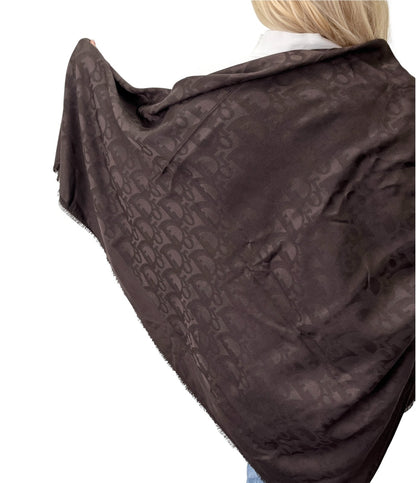 Christian Dior Vintage Logo Trotter Monogram Silk Scarf Shawl Brown 902472