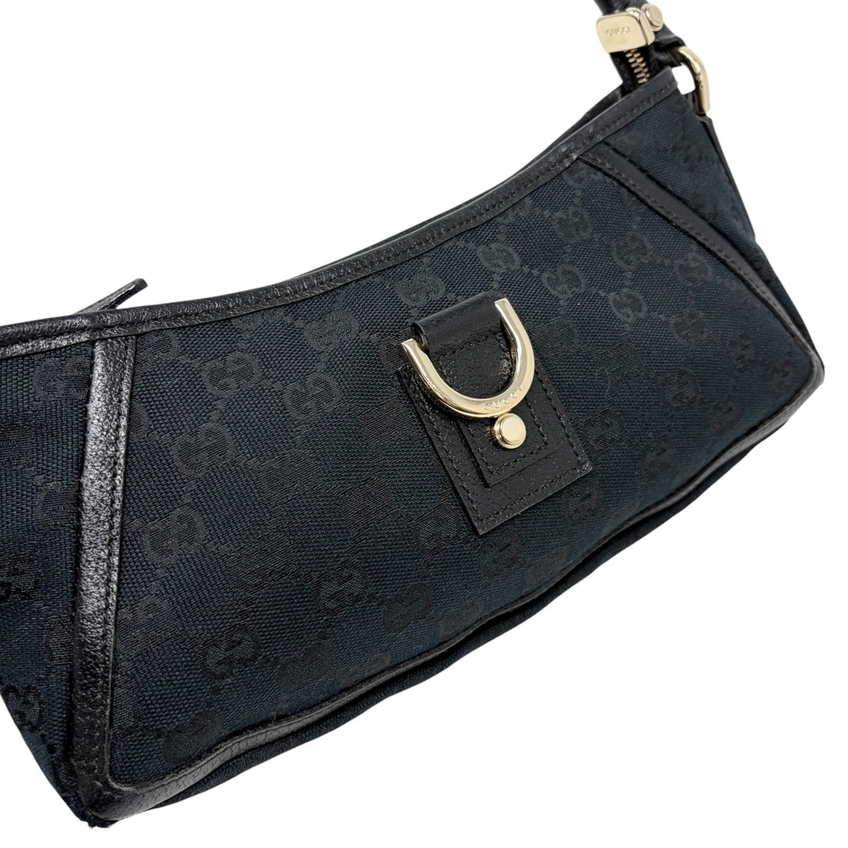 GUCCI Vintage GG Monogram Logo Abbey Bag Zip Black Gold Canvas Leather 902815