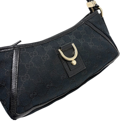 GUCCI Vintage GG Monogram Logo Abbey Bag Zip Black Gold Canvas Leather 902815