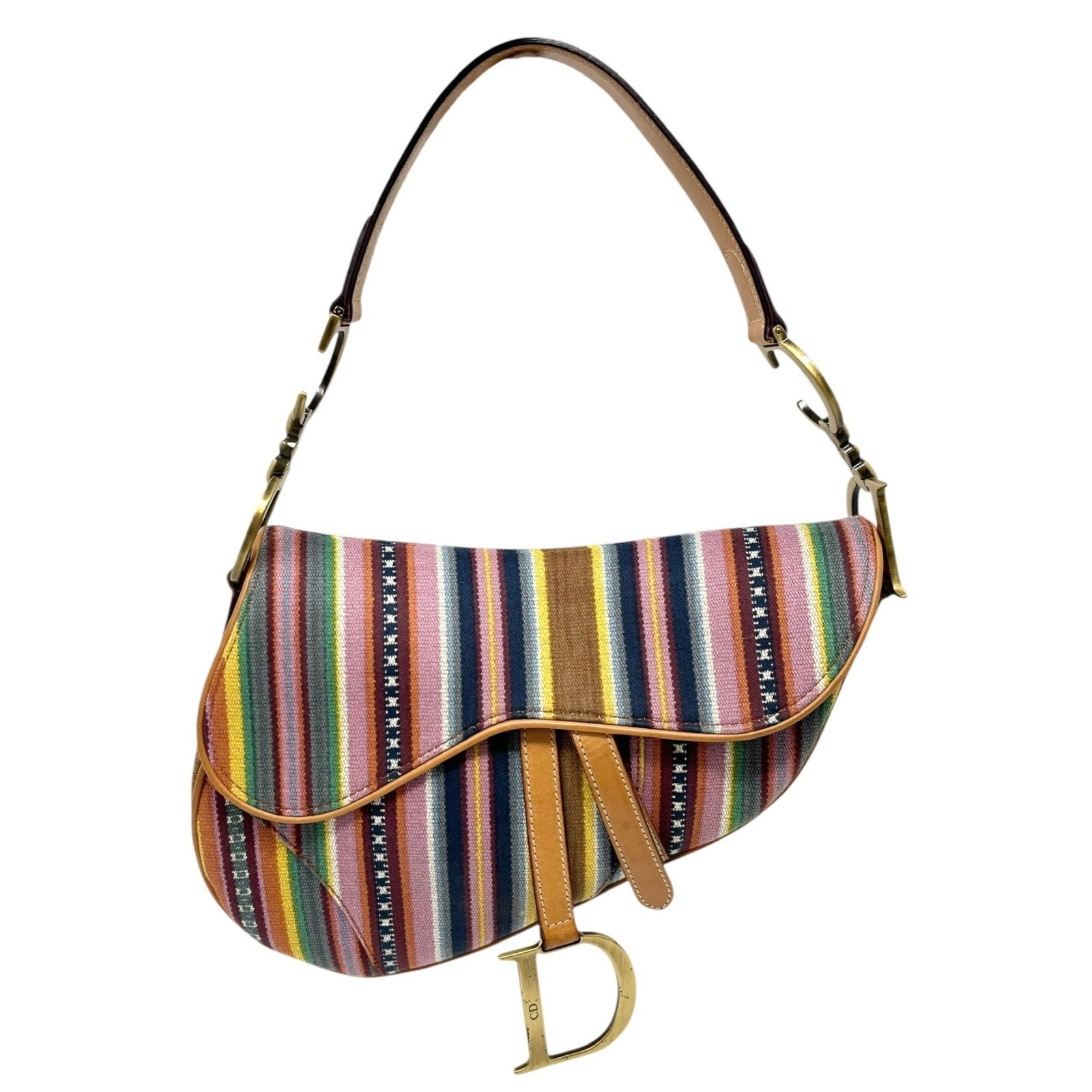 Christian Dior Vintage 2002 Logo Stripe Saddle Shoulder Bag Multicolor Camel