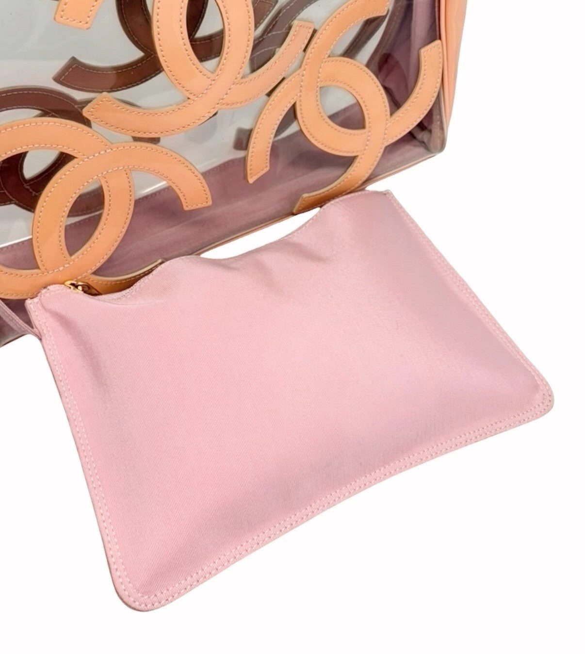 CHANEL Vintage Triple CC Logo Clear Tote Shoulder Bag Pink Beige Pouch 902078