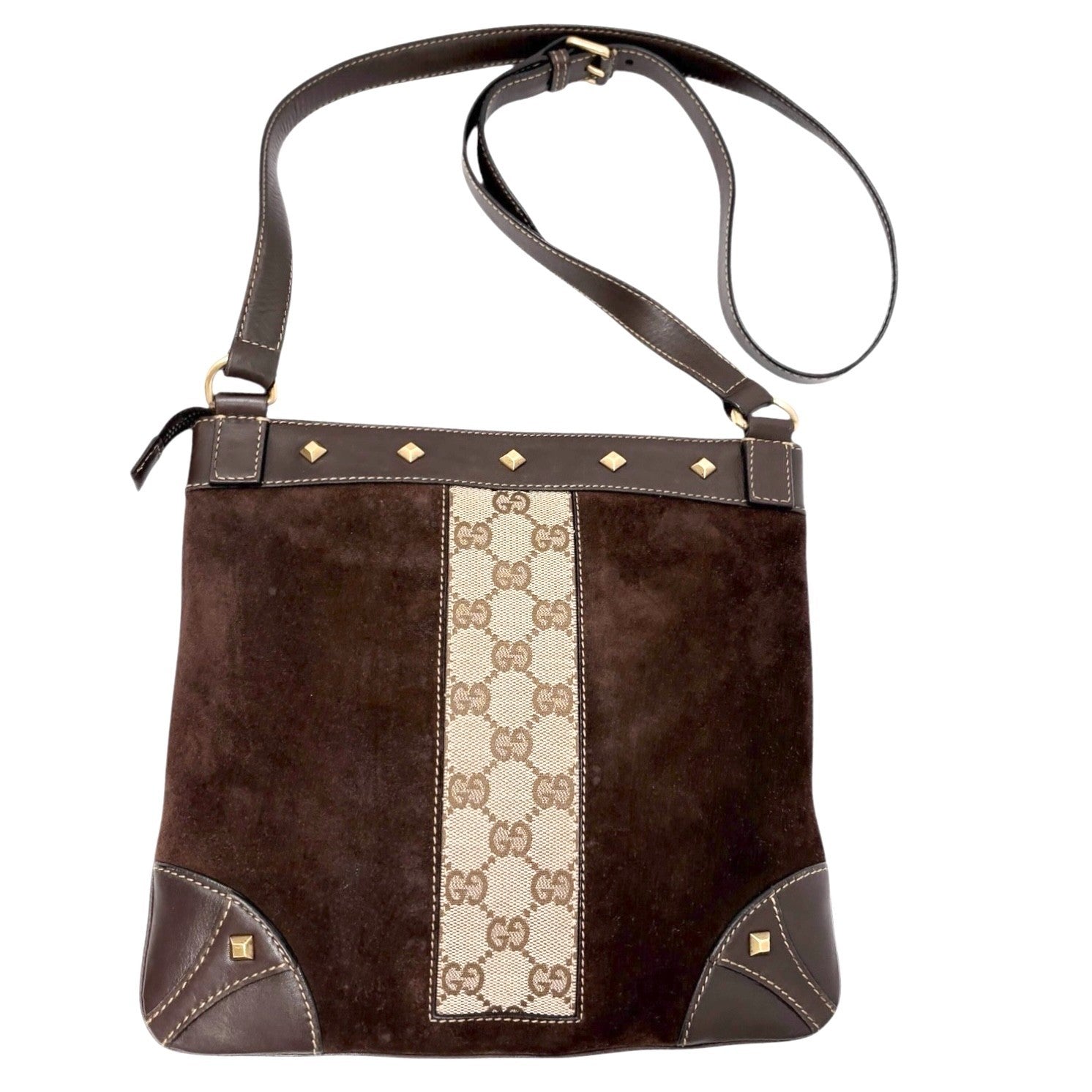 GUCCI Vintage GG Monogram Crossbody Bag Brown Gold Suede Canvas Studs Nailhead