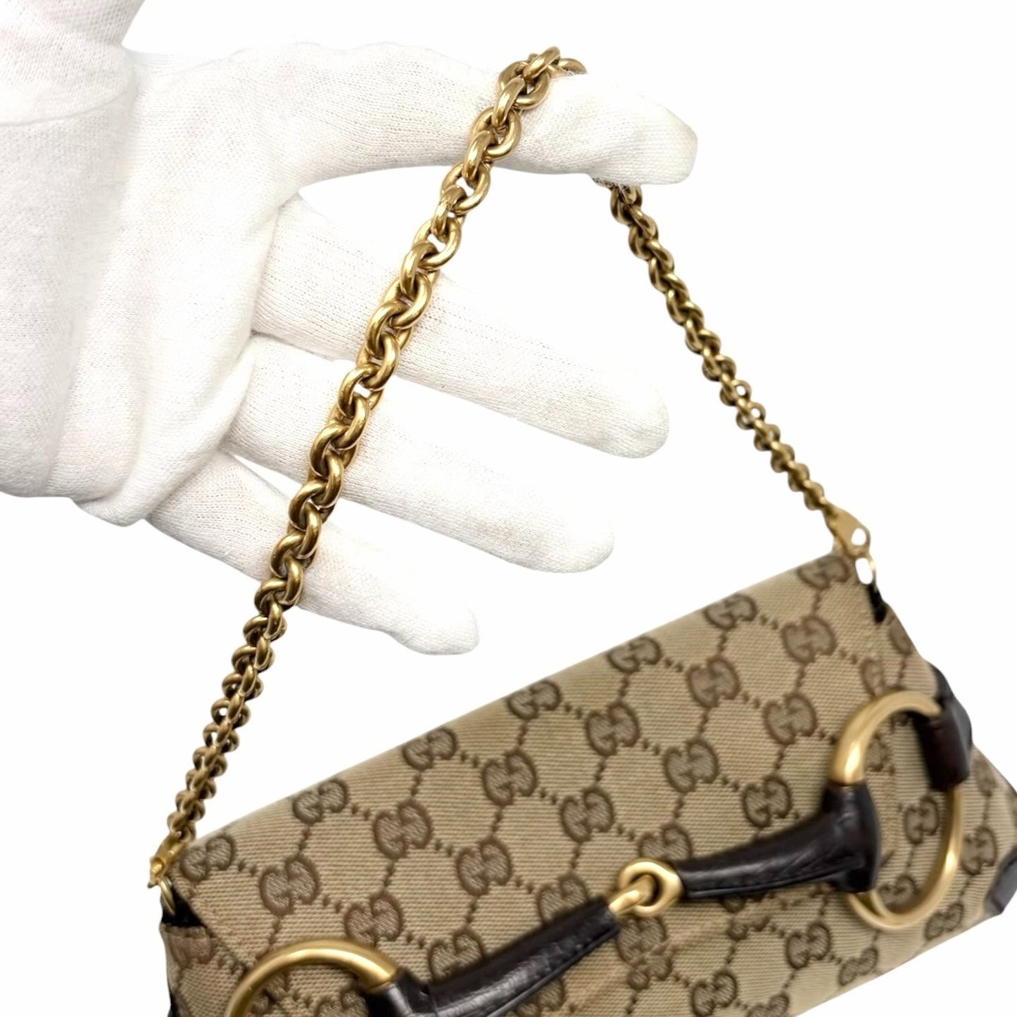 GUCCI Vintage GG Monogram Logo Horsebit Shoulder Bag Brown Gold Canvas 902099