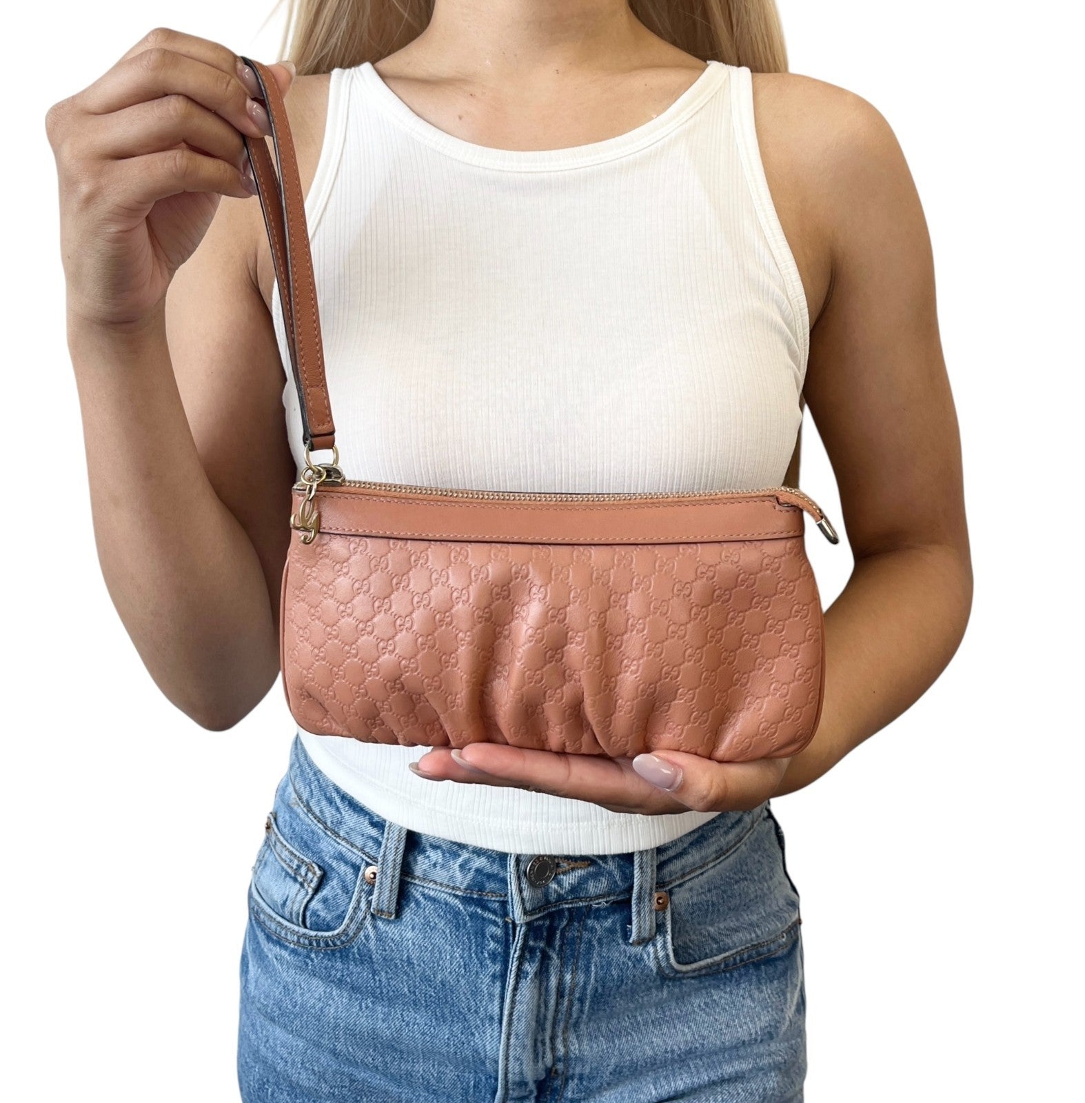 GUCCI Vintage GG Monogram Mini Clutch Bag Wallet Orange Gold Leather Cotton