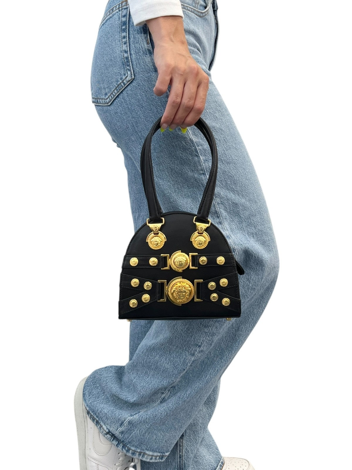 GIANNI VERSACE Vintage Medusa 2way Crossbody Mini Bag Black Gold Leather 902454