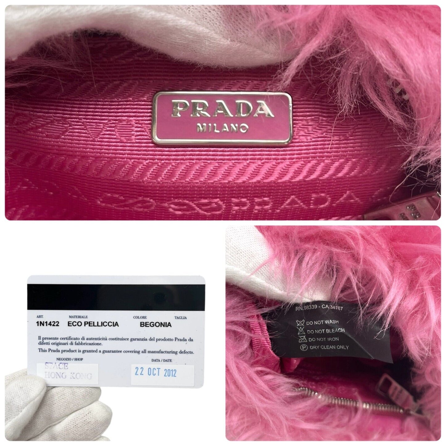 PRADA Vintage Logo Clutch Bag Wristlet Pouch Pink Silver Faux Fur Zip RankAB+