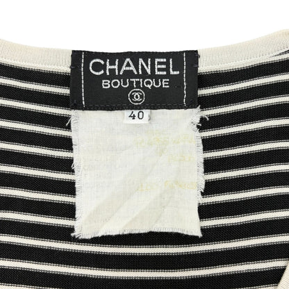 CHANEL Vintage CC Mark Logo Stripe T-shirt Top #40 Black White Cotton 106910