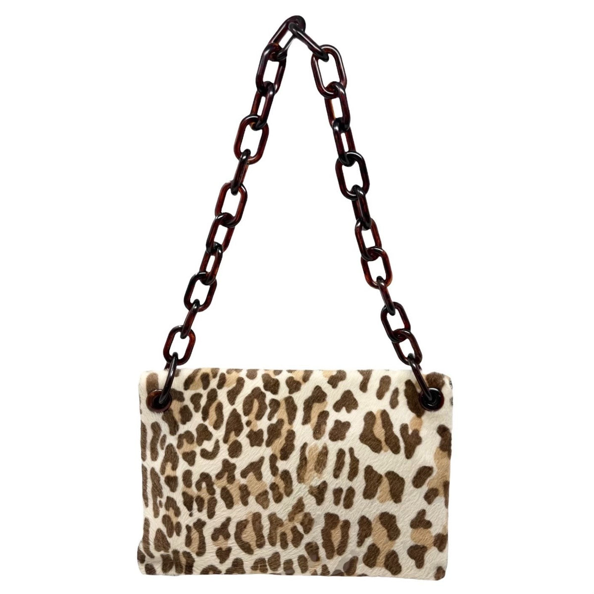 PRADA Vintage Triangle Logo Leopard Pony Calf Hair Chain Shoulder Bag 902309