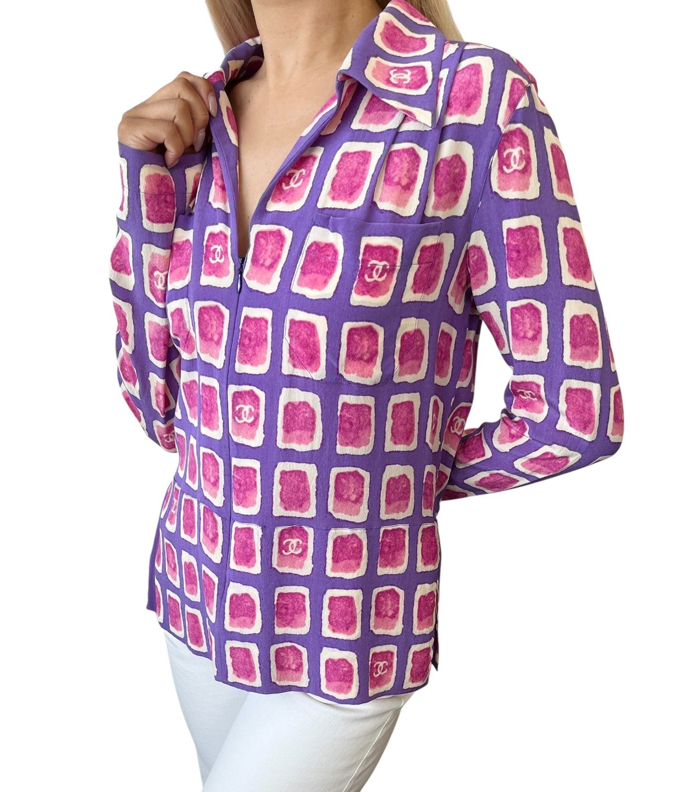 CHANEL Vintage 01P CC Mark Logo Shirt Zip Poket #36 Purple Pink Silk