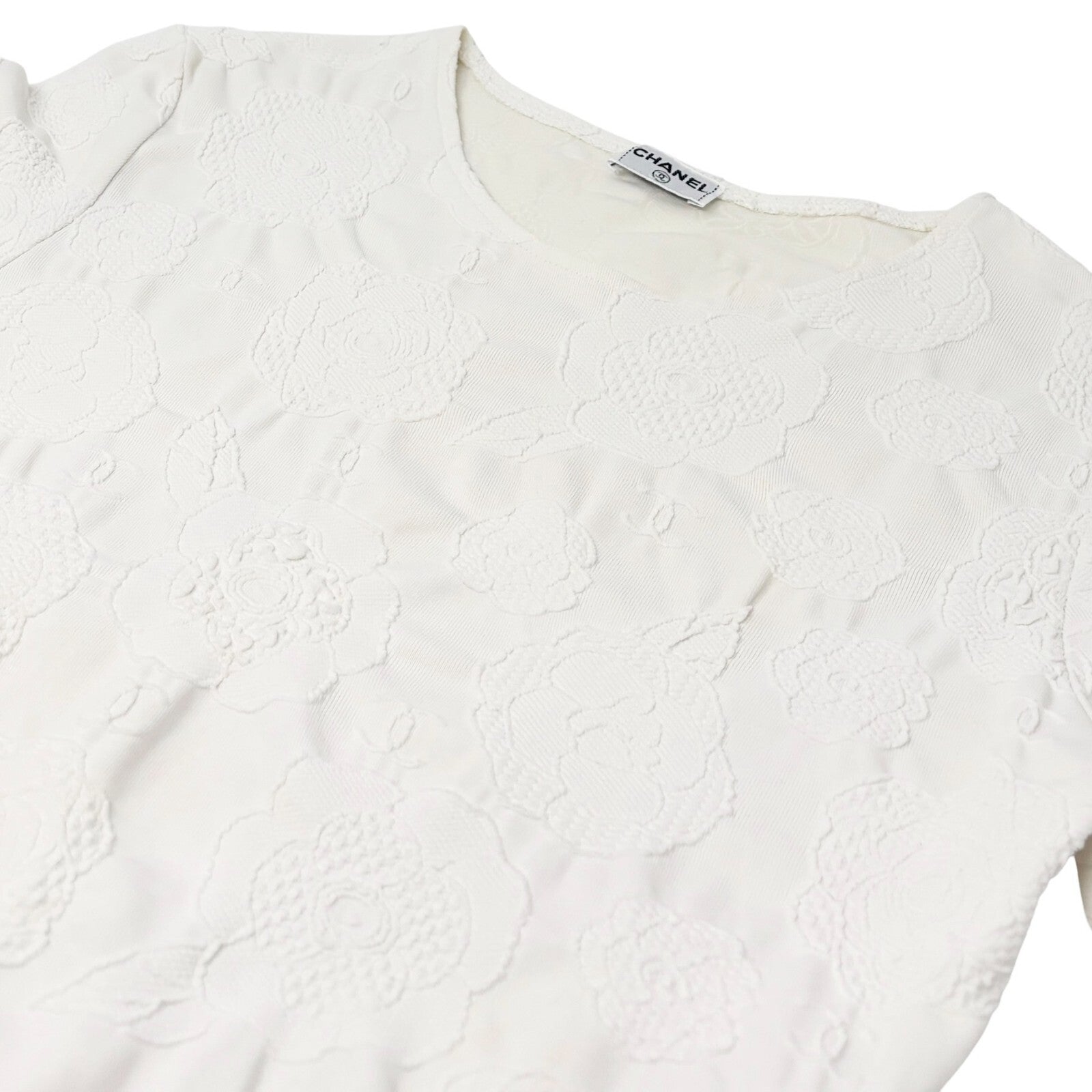 CHANEL Vintage CC Mark Logo Camellia Print T-shirt Short Sleeve Top White Nylon