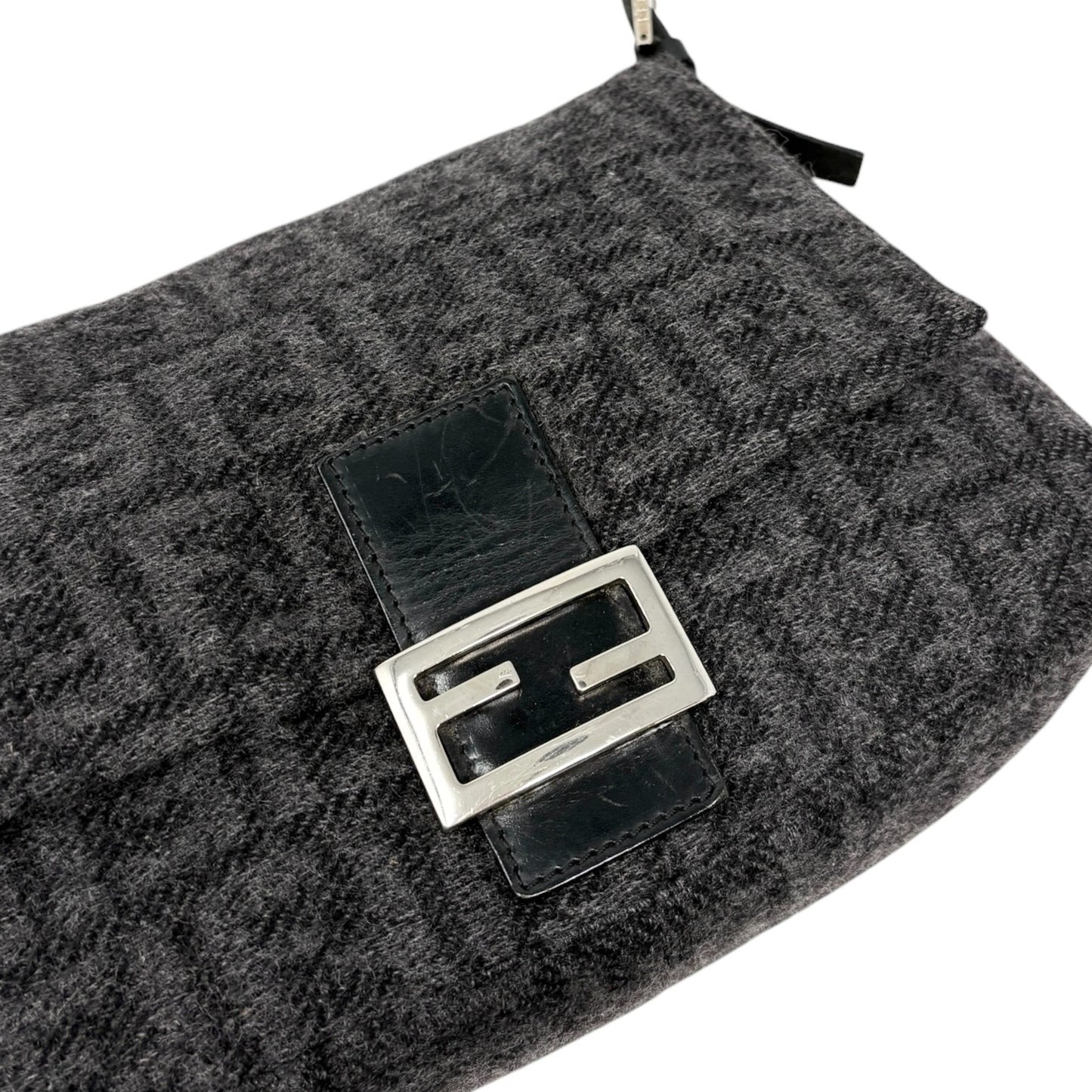 FENDI Vintage Zucca FF Logo Mamma Baguette Shoulder Bag Gray Black Wool