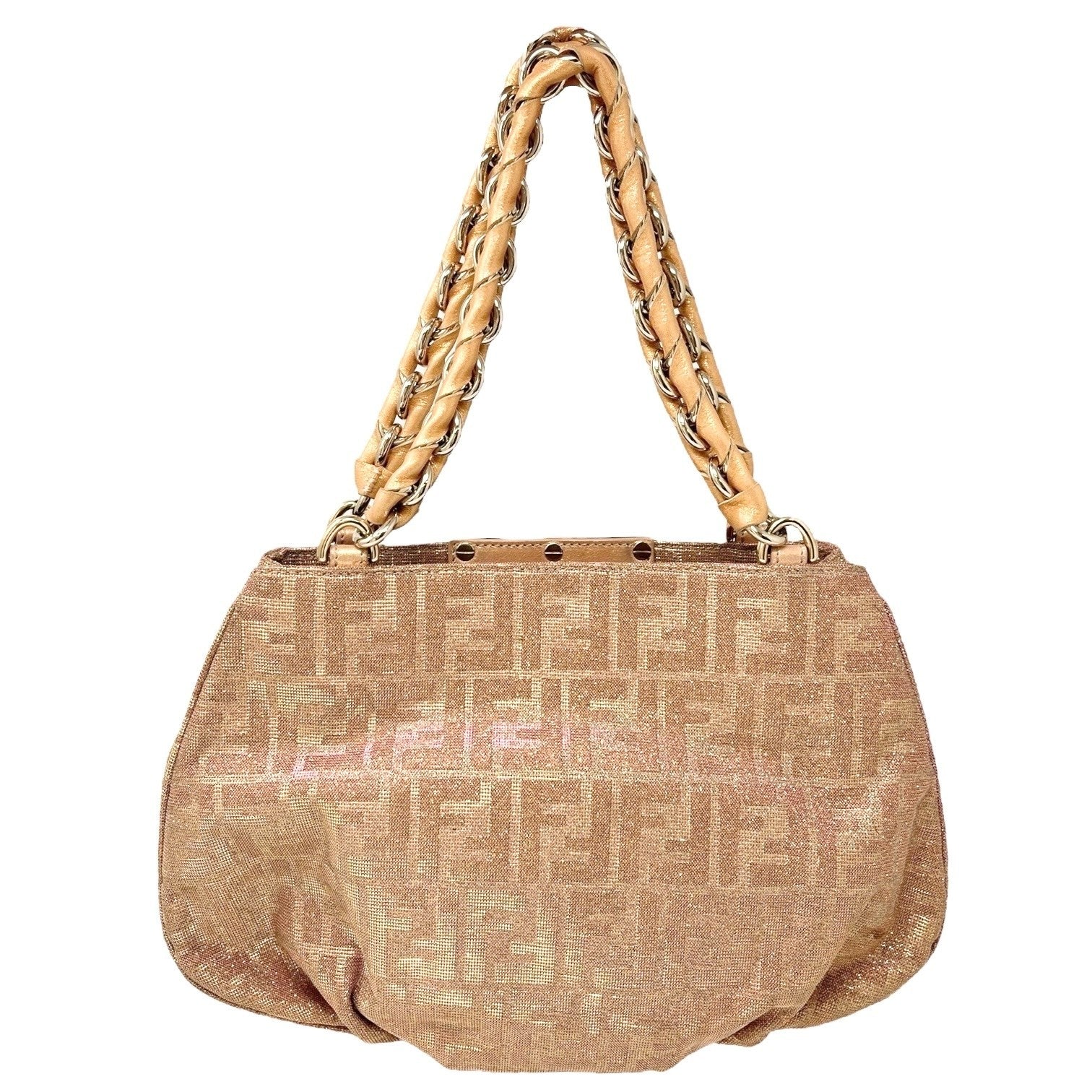 FENDI Vintage FF Logo Zucca Monogram Shoulder Bag Glitter Pink Beige Cotton