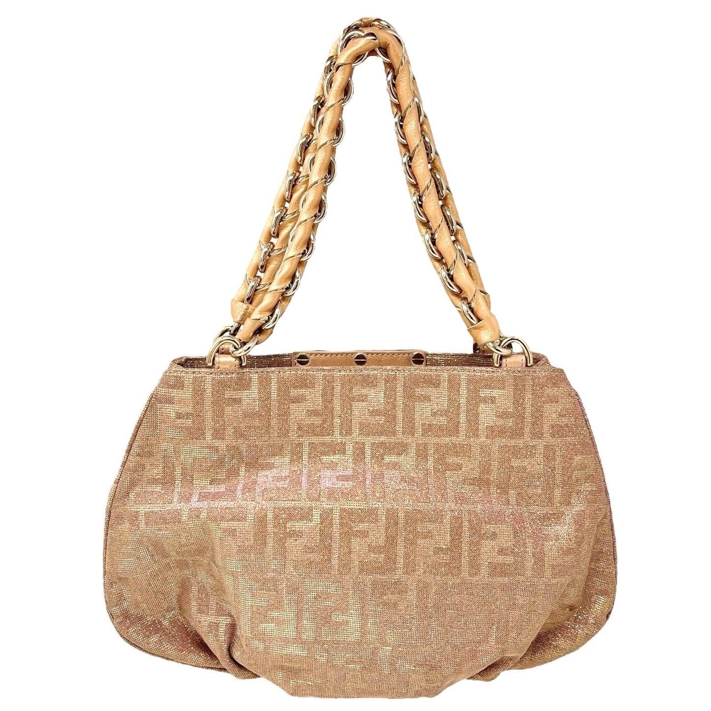 FENDI Vintage FF Logo Zucca Monogram Shoulder Bag Glitter Pink Beige Cotton