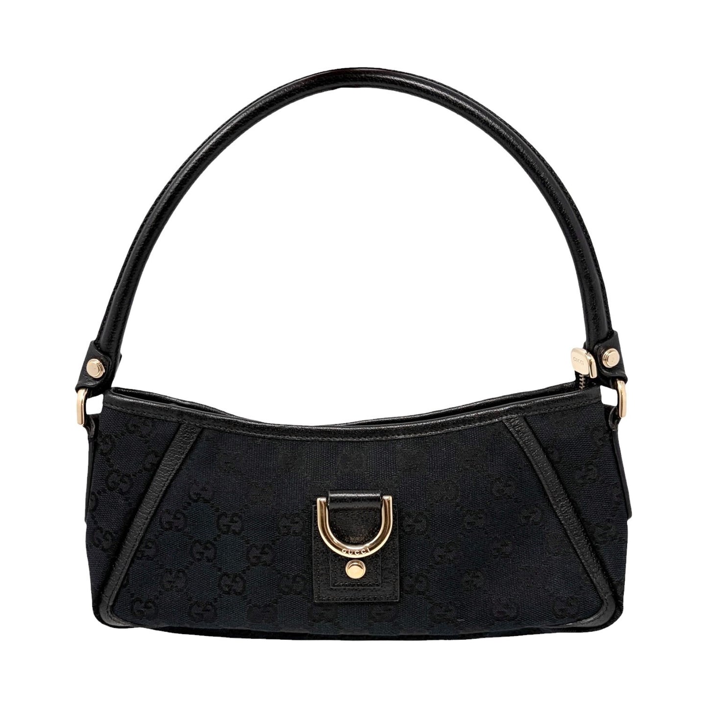 GUCCI Vintage GG Monogram Logo Abbey Shoulder Bag Zip Black Gold Canvas Leather