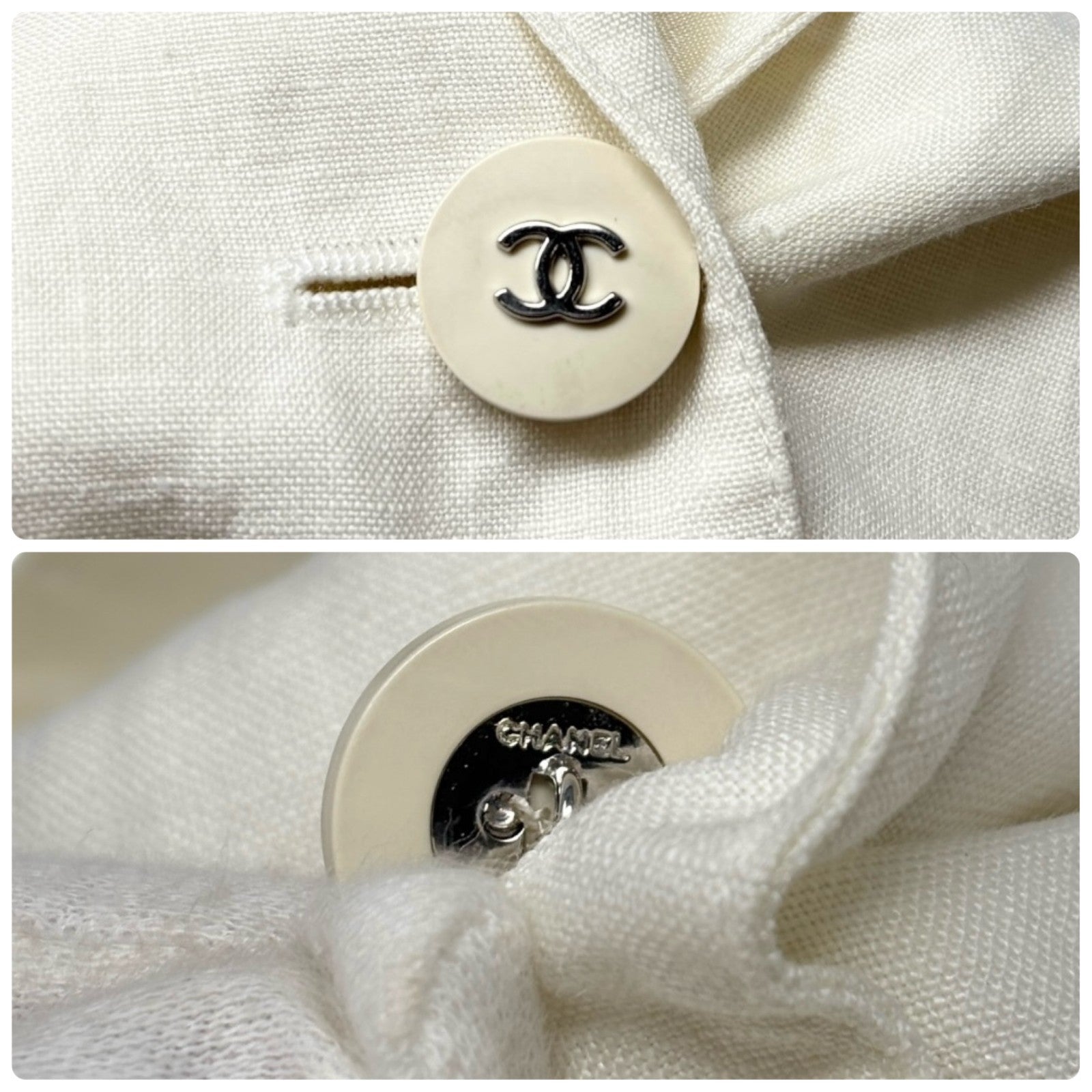 CHANEL Vintage 96P CC Mark Logo Jacket Silver Button #38 White Linen Silk