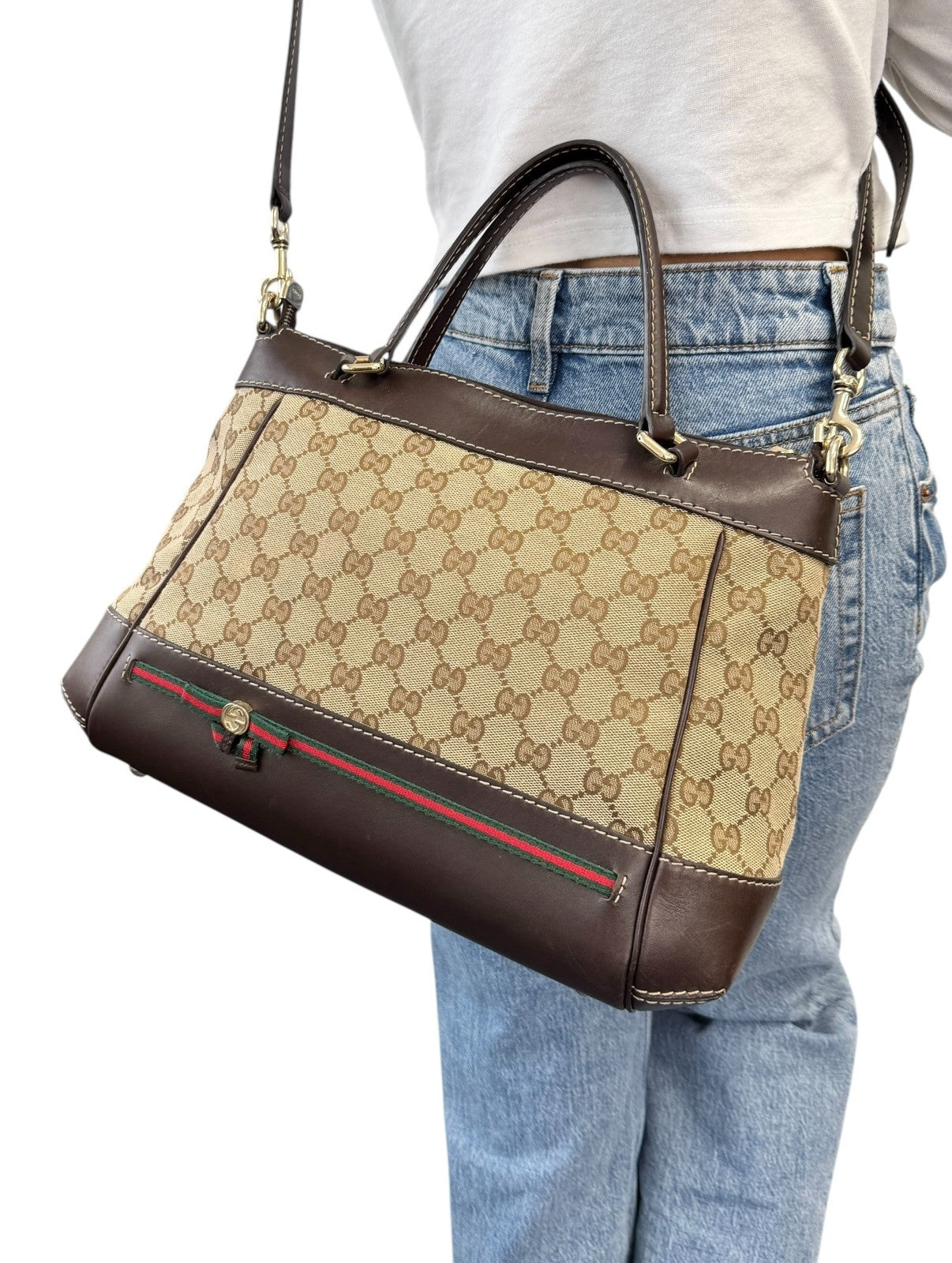 GUCCI Vintage GG Monogram Web Stripe 2way Shoulder Bag Beige Brown Ribbon