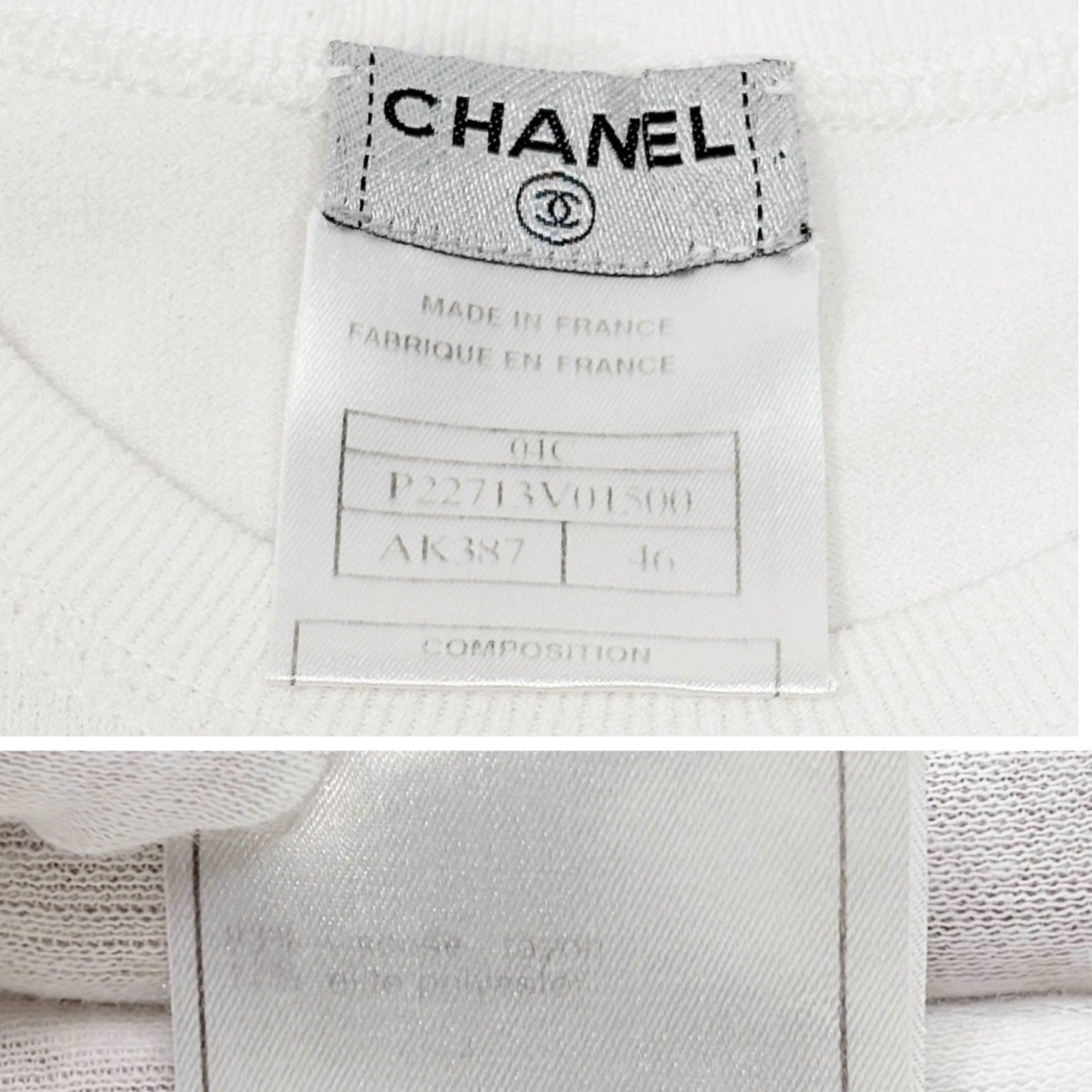 CHANEL Vintage 04C CC Logo Knit T-shirt Top #46 White Cotton See-through Mesh