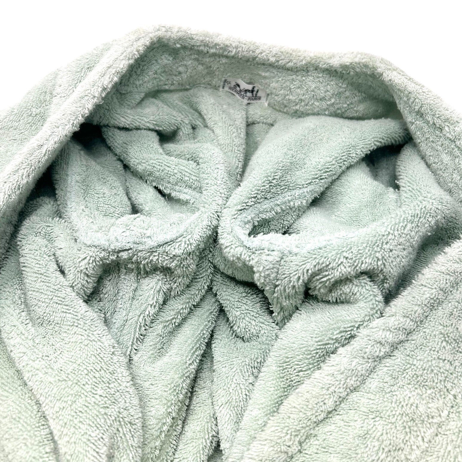 HERMES Vintage Logo Echapee Toggle Button Bathrobe #XS Green Cotton Terry Cloth