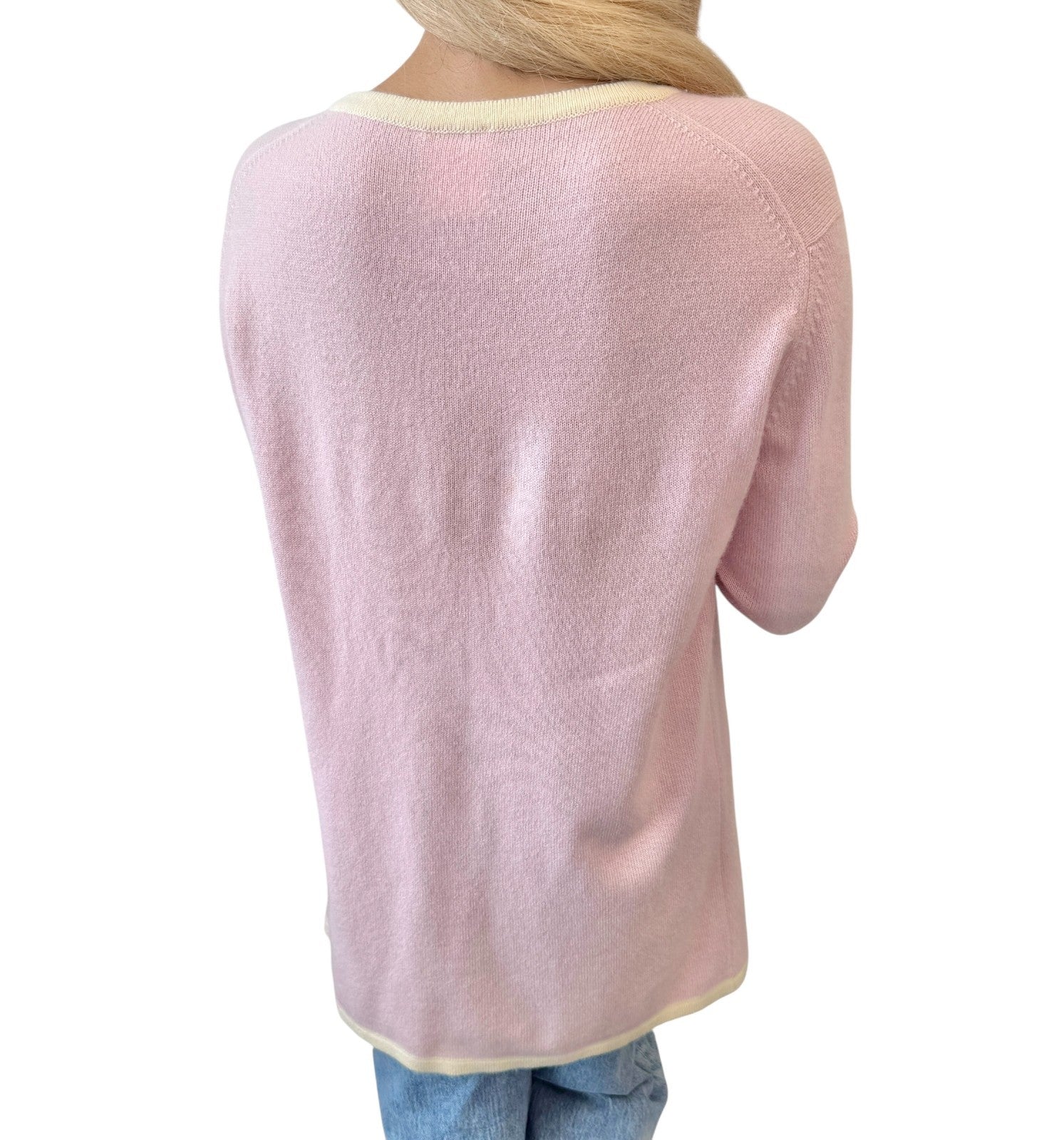 CHANEL Vintage 96C Long Cardigan #42 Knit Sweater Button Pink Cream Cashmere