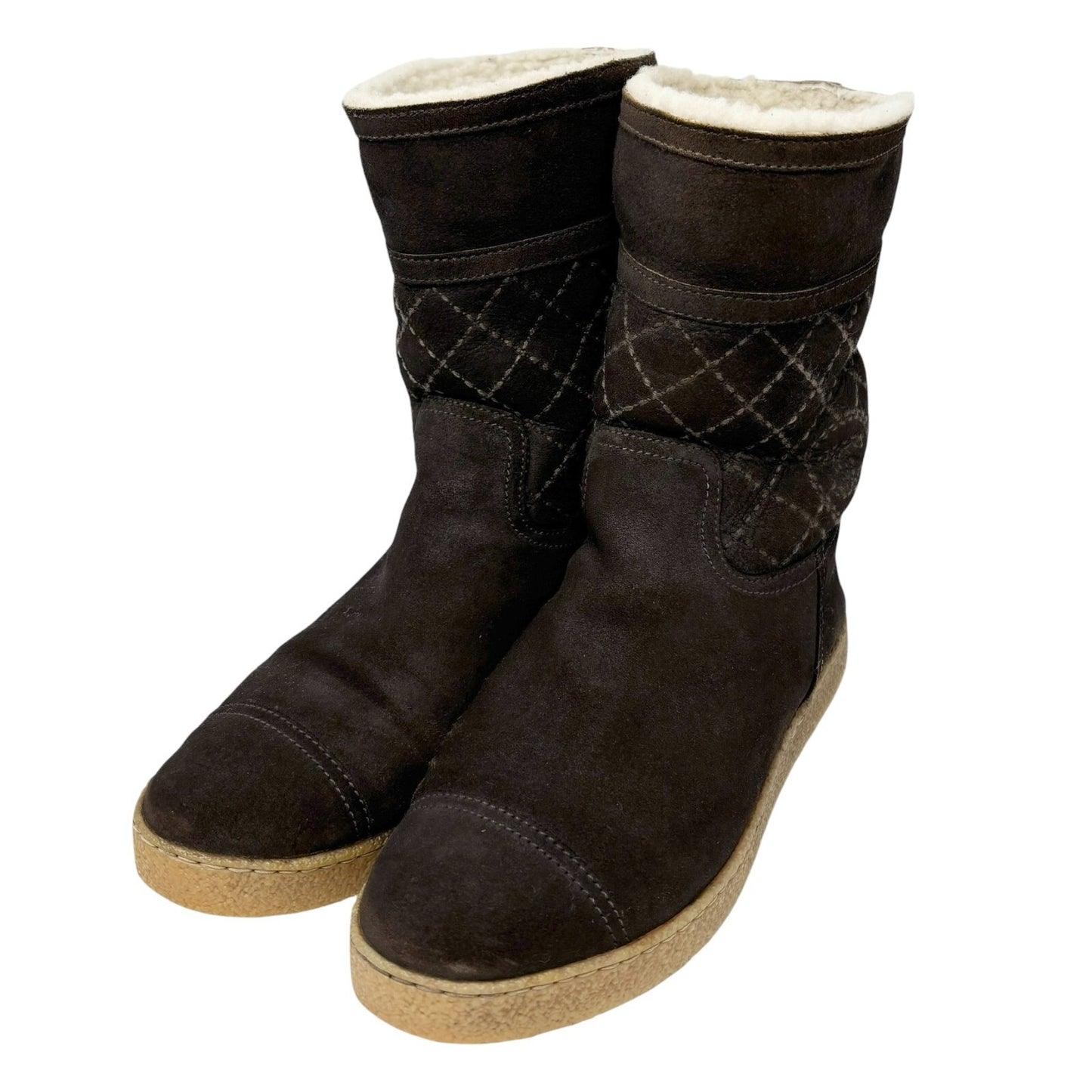 CHANEL Vintage CC Mark Logo Mid Calf Boots #39.5 Stitch Dark Brown Cream Suede