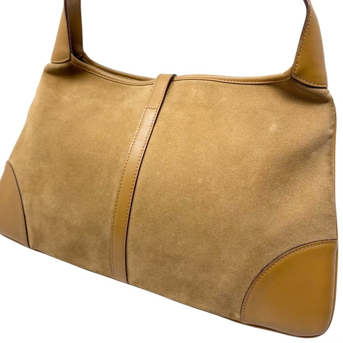 Gucci Vintage Bamboo Handle Hobo Shoulder Bag Beige Gold Suede Leather 902823