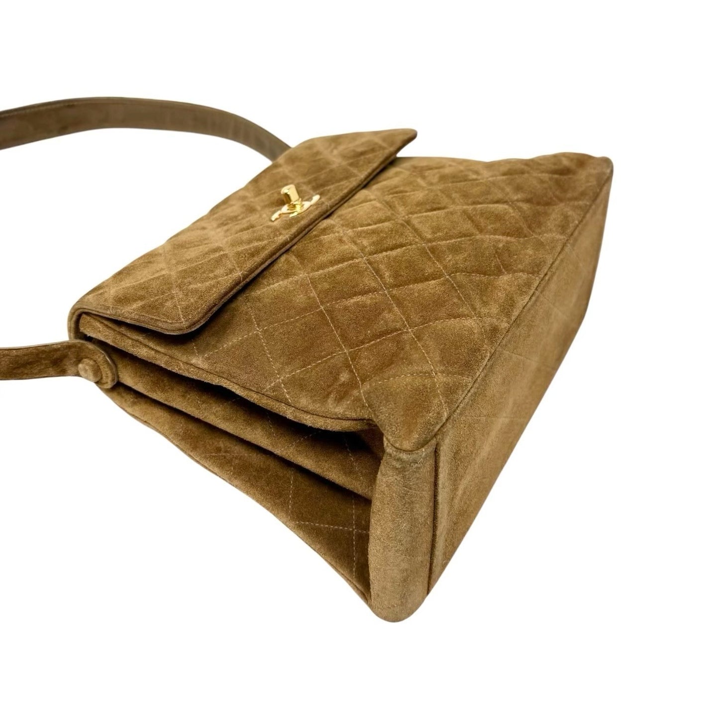 CHANEL Vintage CC Logo Turnlock Quilted Suede Flap Shoulder Bag Brown