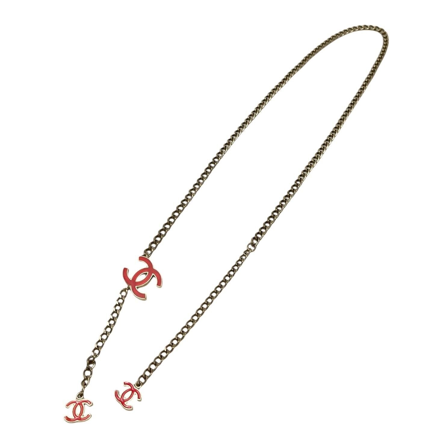 CHANEL Vintage 04A CC Mark Chain Belt Champagne Gold Red Metal Rank AB+