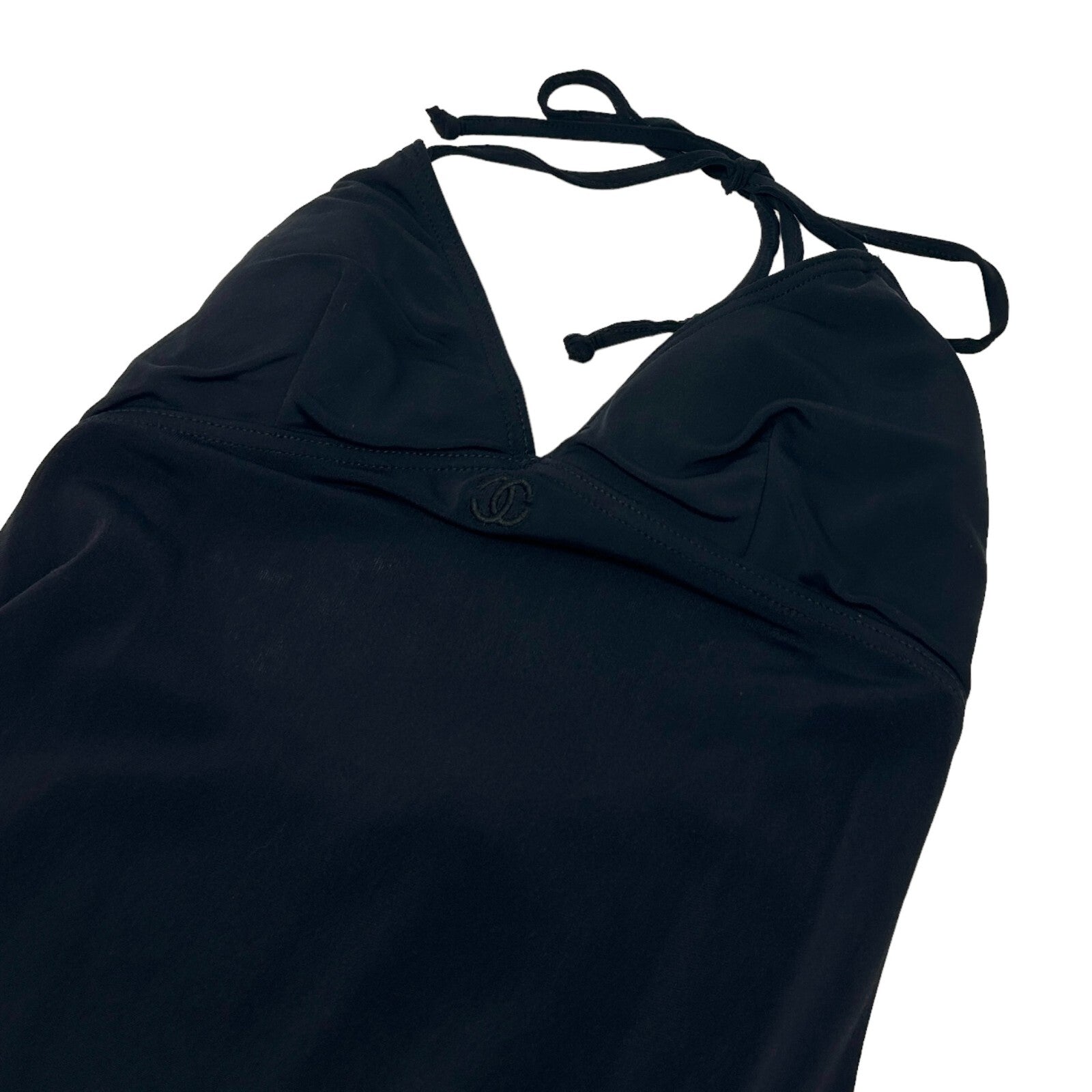 CHANEL Vintage Coco Mark Logo Halter Dress #38 One-Piece Black Nylon RankAB