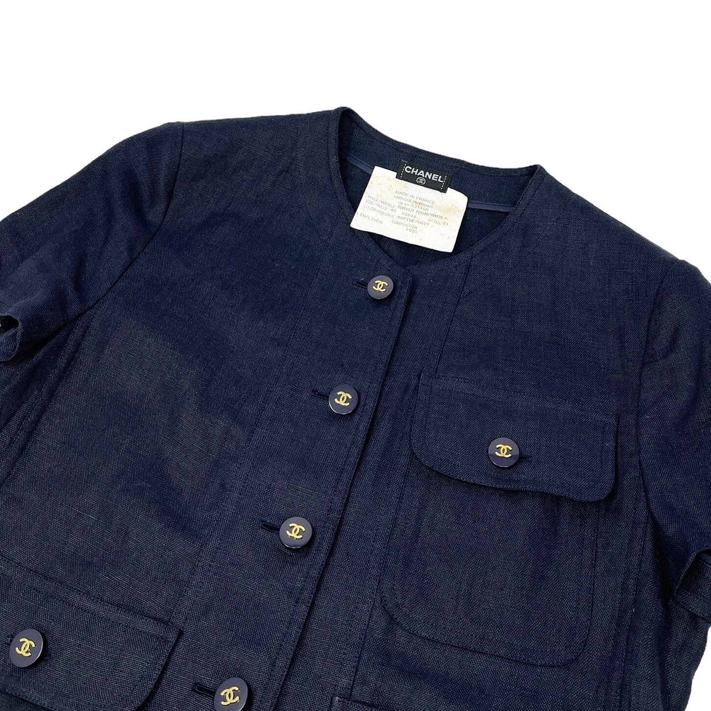 CHANEL Vintage CC Mark Button Linen Jacket Skirt Set #40 Dark Blue Rank AB+