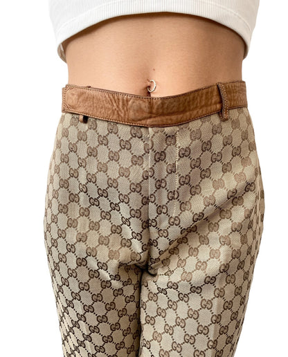 GUCCI Vintage GG Logo Jacquard Canvas Belted Tapered Cropped Pants #38 Beige